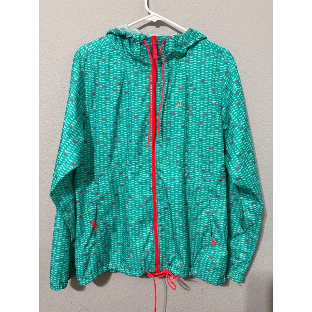Columbia Womens Windbreaker L Teal Pink Geometric Full Zip Hooded Jacket Rain